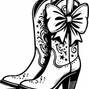 May include: A pair of black and white cowboy boots with a large black bow on the top. The boots have a floral design and star accents.
