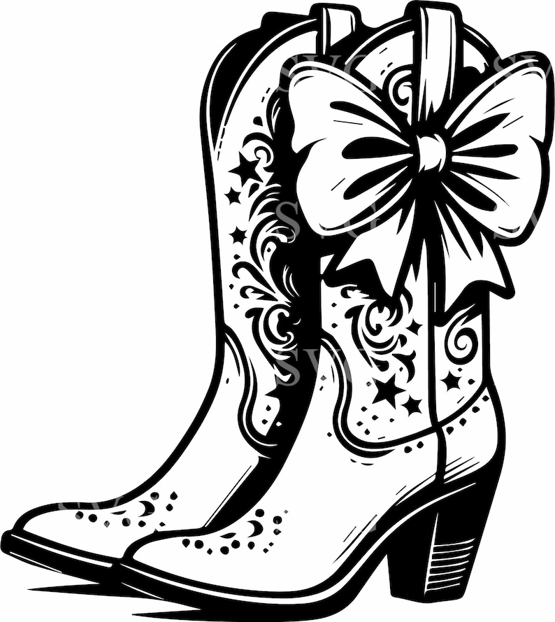 May include: A pair of black and white cowboy boots with a large black bow on the top. The boots have a floral design and star accents.