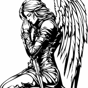Archivo SVG de corte de 7 ángeles rezando, clipart de guerrera alada para Cricut, descarga de silueta de ángel espiritual