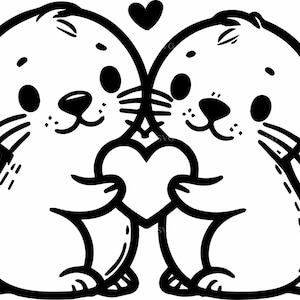 Può includere: Un disegno in bianco e nero di due lontre che tengono un cuore tra loro. Le lontre si guardano e hanno occhi grandi e sorrisi. C'è un piccolo cuore sopra le loro teste.