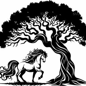 6 chevaux sous l'arbre SVG, 6 silhouette d'étalon majestueux, vecteur de scène de la nature, fichier de coupe cheval élégant Cricut