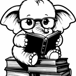 Peut inclure: Illustration en noir et blanc d'un éléphant bébé portant des lunettes et lisant un livre. L'éléphant est assis sur une pile de livres, tenant le livre ouvert avec sa trompe et ses mains.