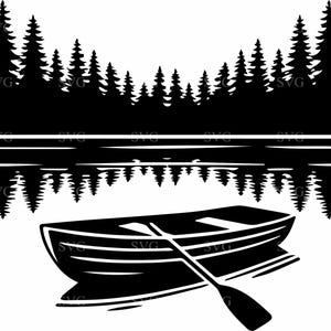 May include: Black and white silhouette of a rowboat with oars on a lake with a reflection of a forest of pine trees.