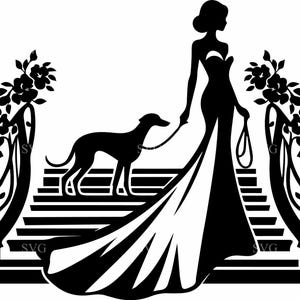 4 Senhoras e Cachorros Elegantes SVG - 4 Silhuetas de Mulheres Glamorosas - Arquivo de Corte de Cena Formal para Cartões, Presentes e Decoração DIY