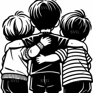 May include: Three children are hugging each other. The child in the middle is wearing a black shirt and shorts. The child on the left is wearing a white shirt and black pants. The child on the right is wearing a striped shirt and black pants.