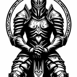 Kniender gepanzerter Ritter SVG 4 Schnittdatei - Majestätischer Krieger mit Schwert, Edle Mittelalterliche Kunst, digitaler Download