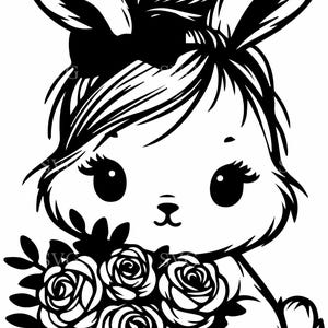 4 Bunny with Bouquet of Flowers SVG 4 Cut File, Cute Bunny with Top Knot, Perfect for Craft Projects