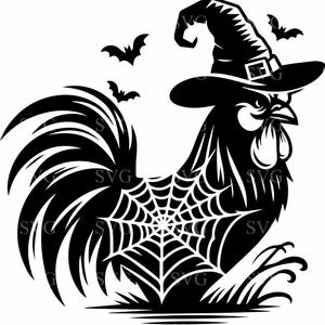 6 SVG de coq d'Halloween | 6 poulet chapeau de sorcière avec fichier de coupe toile d'araignée | Clipart effrayant d'animaux de la ferme pour Cricut et Silhouette