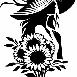 May include: A black and white silhouette of a woman in a wide-brimmed hat, holding a bouquet of sunflowers. The image is a graphic design, suitable for various applications.