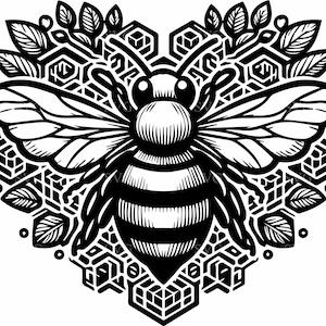 Puede incluir: Ilustración en blanco y negro de una abeja con las alas extendidas, rodeada de un patrón de panal y elementos florales. La abeja tiene un cuerpo en forma de corazón y un diseño detallado.