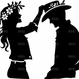 Cowgirl und Cowboy SVG, 4 Land Paar Silhouette, Floral Western Hut Clipart, Farm Ranch Digital Cut Datei für Cricut