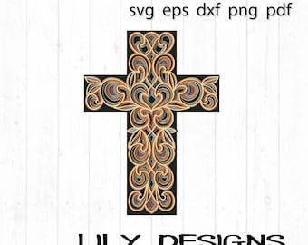 Cruz cristiana 3D SVG - MDF y plexiglás en capas - Recuerdo religioso conmemorativo - Corte láser