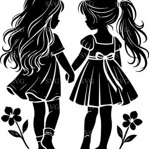 4 Schwestern, die Hände SVG 4 Schnittdatei, zwei Mädchen in Kleidern Silhouette, Kindheit Freundschaft, digitaler Download