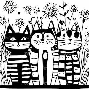 Skurrile Katzentrio SVG - 4 entzückende Cartoon Katzen in Blumen - Lustige Katzen Kunst für Cricut Projekte