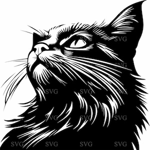 May include: Black and white silhouette of a cat's head looking up with its mouth slightly open. The cat has a long, pointed nose and large, round eyes. The fur is detailed with lines to show texture.