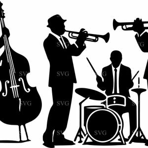 7 Jazz Band SVG 7 Cut-Datei, Vintage Musiker Silhouette Clipart, Trompete, Bass & Schlagzeug digitaler Download für Cricut Vinyl
