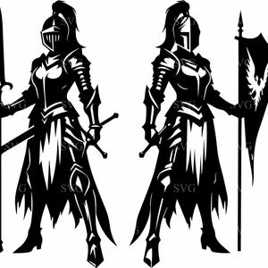 May include: Two black silhouette illustrations of armoured figures, each holding weapons. One figure holds a spear and sword, the other a shield and banner. The figures wear helmets and armour, with flowing skirts. The image is a graphic design.
