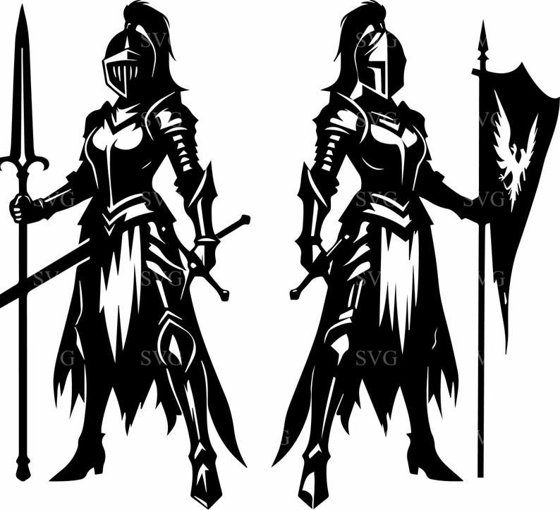May include: Two black silhouette illustrations of armoured figures, each holding weapons. One figure holds a spear and sword, the other a shield and banner. The figures wear helmets and armour, with flowing skirts. The image is a graphic design.