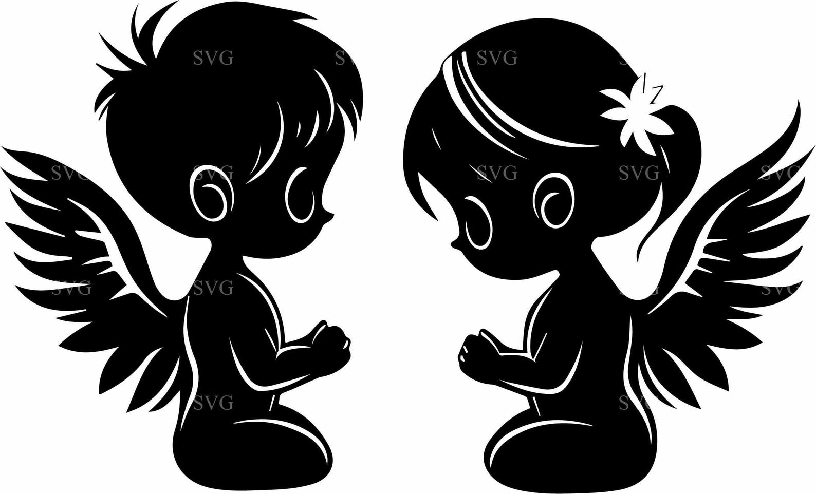 Angel Boy and Girl SVG 5 Cut File, Praying Cherub Silhouette, Heaven ...