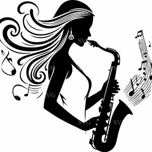 5 Jazz Musician SVG 5 Cut File, Saxophone Player Silhouette Clipart, Musical Swirl Digital Download for Cricut & Vinyl
