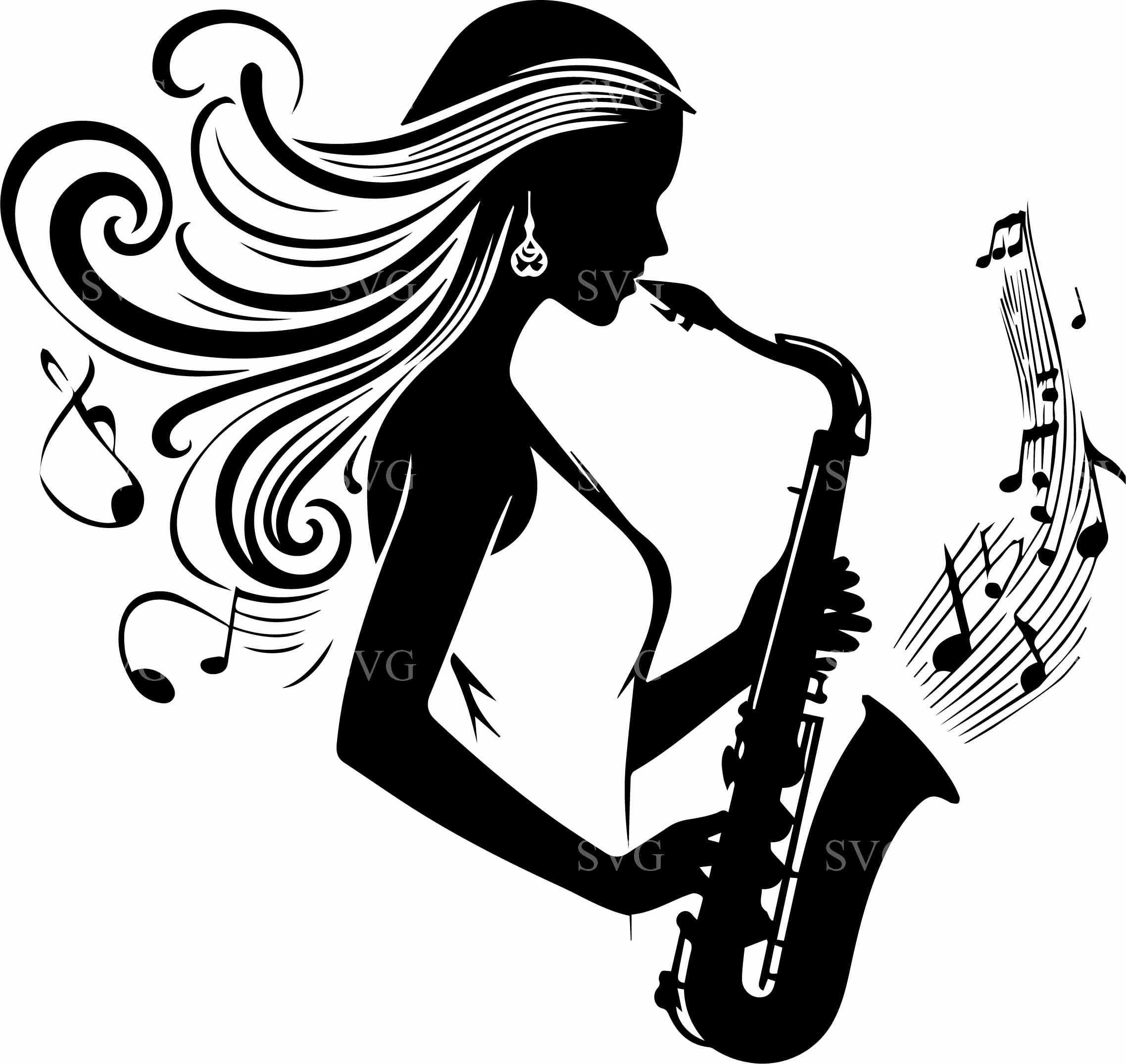 5 Jazz Musician SVG 5 Cut File, Saxophone Player Silhouette Clipart, Musical Swirl Digital Download for Cricut & Vinyl