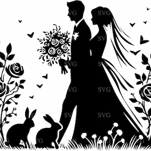 Archivo SVG de corte de 4 parejas de novios: novios bajo un arco de rosas con conejos. Silueta romántica para manualidades con Cricut.