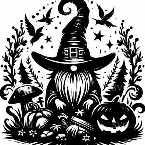 May include: A black and white illustration of a gnome wearing a witch's hat and holding a pumpkin. The gnome is surrounded by trees, mushrooms, and other foliage.