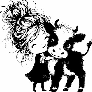 8 Jolie fille et vache SVG, 8 Silhouette amitié animaux de la ferme, Adorable clipart pays, fichier de découpe numérique pour Cricut & Sublimation