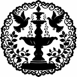 May include: Black and white silhouette of a fountain with two birds on either side. The fountain is surrounded by a decorative border.