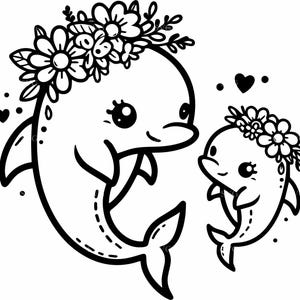 Dolphin Duo SVG Cut File | 4 Cute Dolphins with Flower Crowns | Mother and Baby Sea Animal Clipart for Cricut