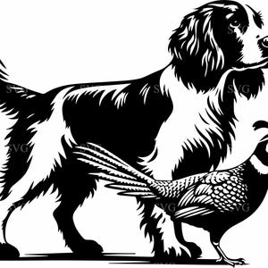 Brittany Spaniel e fagiano SVG 7 File di taglio / Cane da caccia e silhouette di uccelli selvatici Vettore / Clipart di arte della fauna selvatica