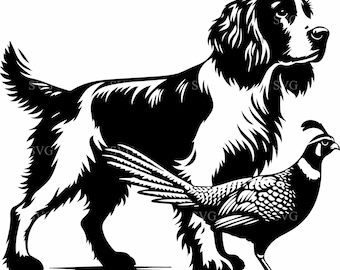 May include: Black and white illustration of an English Springer Spaniel dog standing next to a pheasant. The dog has long, floppy ears and a focused gaze. The pheasant has detailed feather patterns.