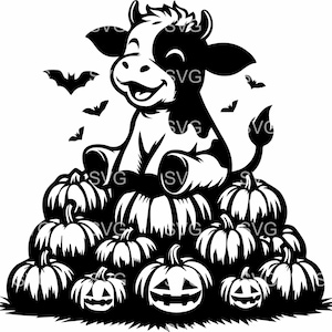 10 file SVG di mucche di Halloween, 10 file di taglio di mucche carine con zucche, clipart di mucche con zucca di Halloween per Cricut e Silhouette