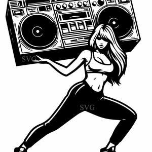 May include: Black and white illustration of a woman carrying a large boombox. She wears a sports bra, leggings, and trainers. The boombox features two speakers and multiple control buttons. The image has an SVG watermark.
