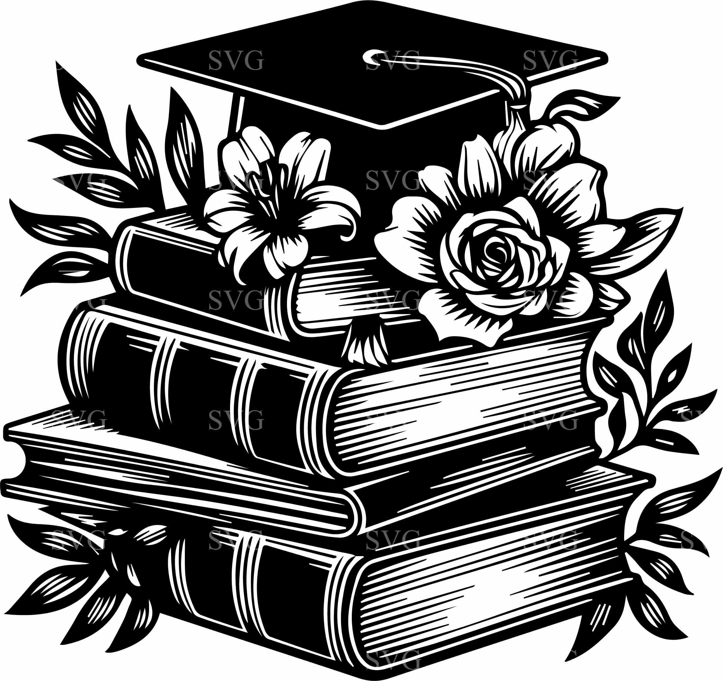 8 Graduation Books SVG, 8 Stack of Books With Cap Cut File, Floral ...