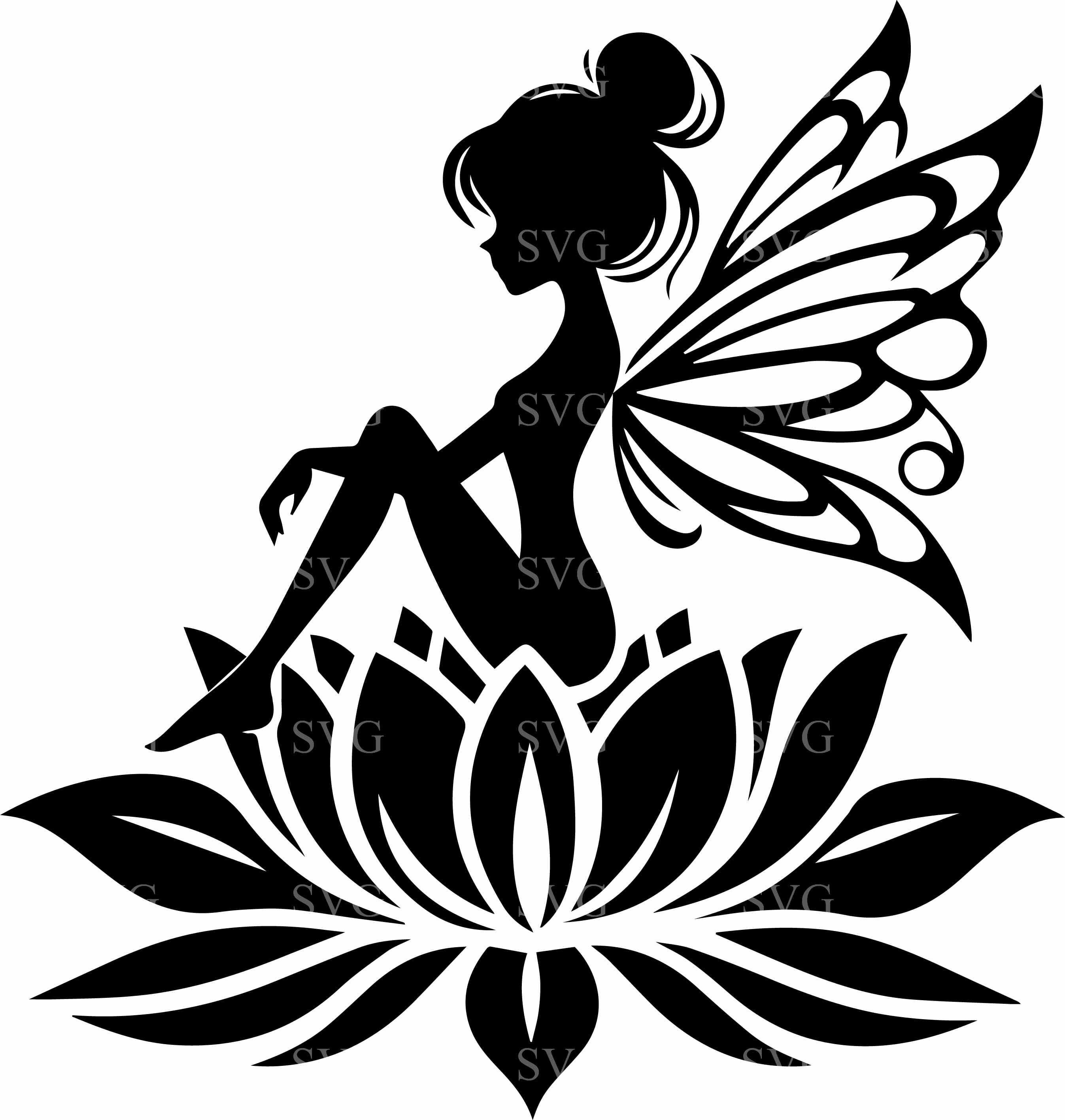 Fairy SVG 4 Cut File Sitting on Flower – Elegant Winged Fairy ...