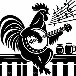 4 Banjo rooster SVG – Musical chicken cut file with notes and mugs – Funny barnyard animal clipart for music lovers and crafts