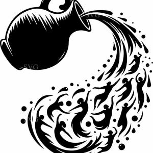 Pode incluir: Ilustração a preto e branco do símbolo de Aquário. Um jarro despeja água, formando uma onda com figuras estilizadas. O design inclui o texto "SVG".