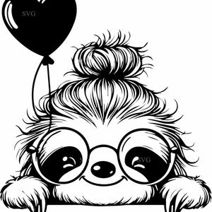 Niedliche Faultier SVG 4 Schnittdatei mit Herz Ballon und Brille | Entzückende Faultier Clipart | Faultier Liebe SVG