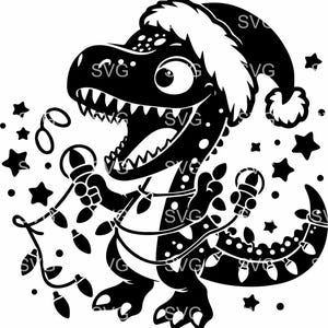 Puede incluir: Ilustración en blanco y negro de un Tyrannosaurus Rex con un gorro de Papá Noel y una guirnalda de luces. El dinosaurio está rodeado de estrellas, creando un diseño festivo navideño.