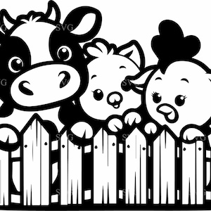 Peut inclure: Une vache noire et blanche, un cochon blanc et une poule blanche avec une crête noire regardent par-dessus une clôture en bois. Les animaux sont de style dessin animé et ont de grands yeux.
