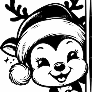 Arquivo de corte SVG 4 Peeking Reindeer - Rena adorável com chapéu de Papai Noel, SVG fofo de Natal para artesanato de Natal