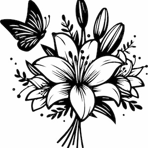 5 bouquet de lys avec papillon SVG – fichier de coupe floral pour Cricut, silhouette d'arrangement floral pour cartes, travaux manuels et décoration