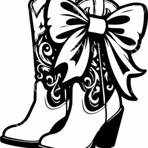 May include: A pair of black cowboy boots with a large white bow on top. The boots have a floral design.