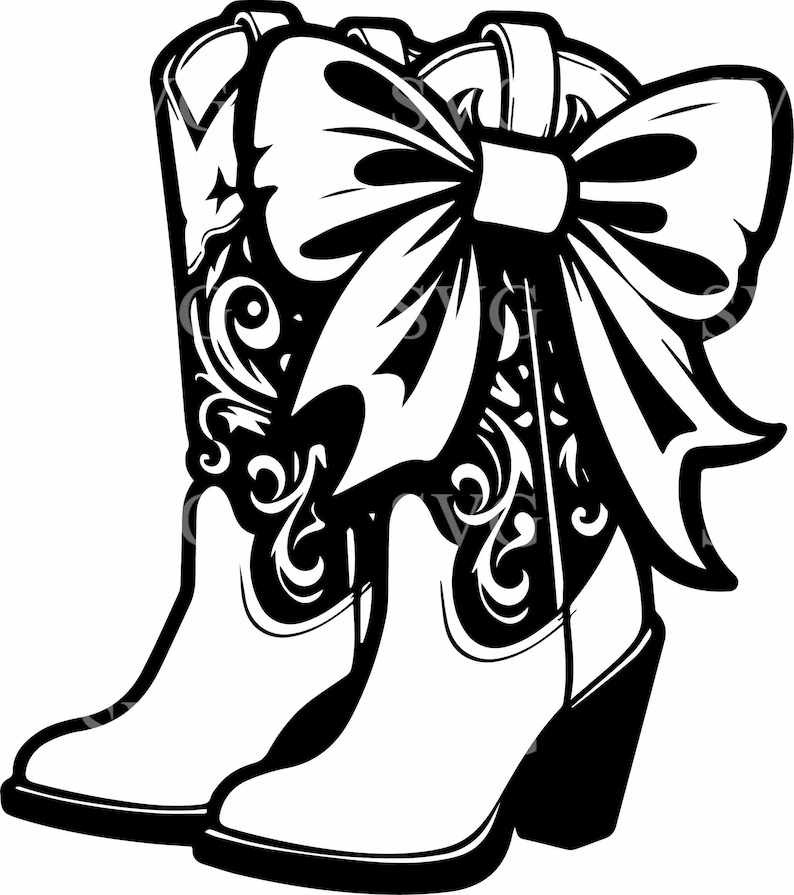 May include: A pair of black cowboy boots with a large white bow on top. The boots have a floral design.