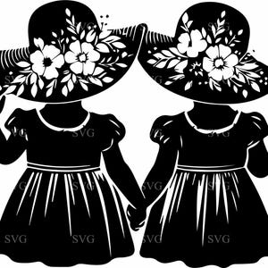 Bloemen hoed meisjes SVG, 5 Three Sisters silhouet gesneden bestand, elegante vintage vrouwen clipart, country girl ontwerp voor Cricut png