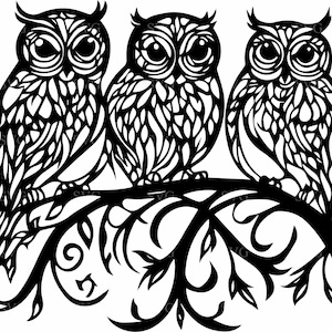 8 famille de chouettes complexes SVG, trois hiboux sur la branche des cliparts, fichier de coupe Animal des bois détaillé pour Cricut et découpe laser