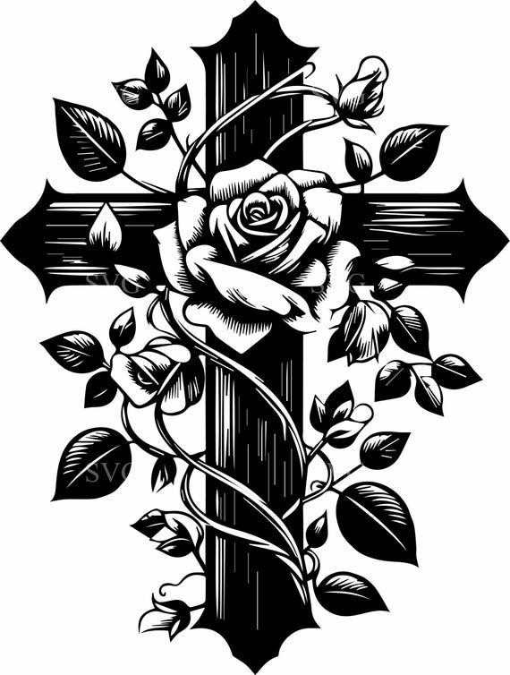 8つの花の十字架SVG – 8つの木の十字架の上のバラPNG – 記念の装飾