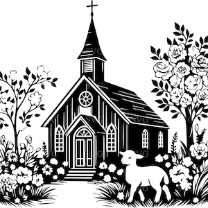 7 Igreja Rural com Coroa de Flores e Cordeiro SVG, Arquivo de Corte de Silhueta de Capela Floral para Cricut, Clipart de Casa de Fazenda Religiosa