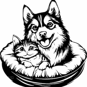 Fichier de coupe SVG Husky et chat, chien mignon et chaton dans le lit, Clipart amis animaux de compagnie pour Cricut et travaux manuels laser